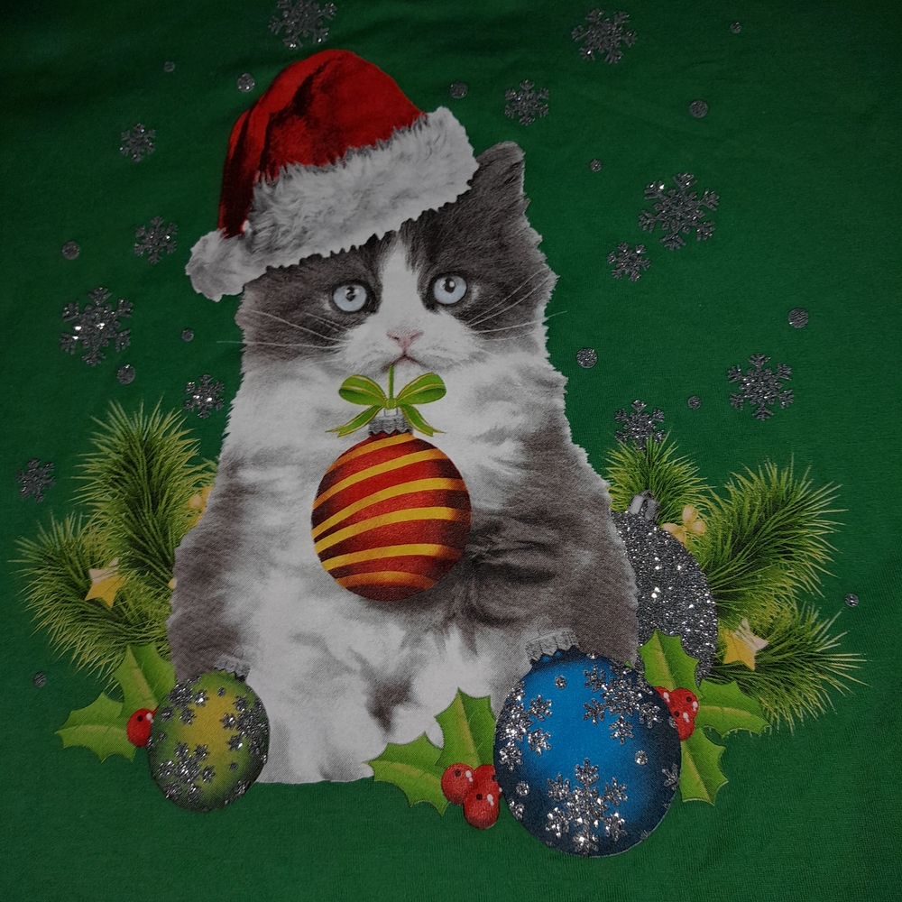 Holiday Time Green Cat T-Shirt with Festive Ornaments